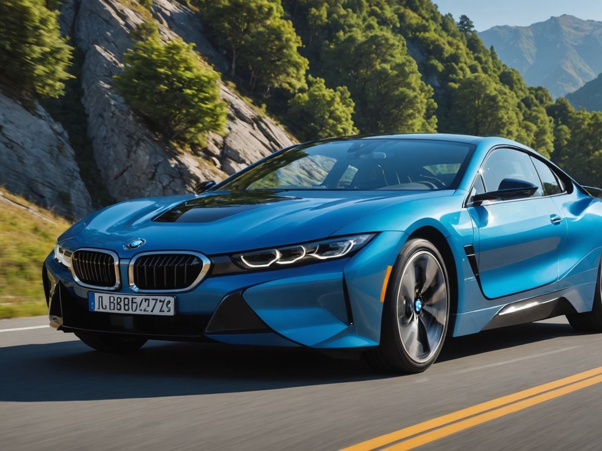 BMW electric car driving on mountain road